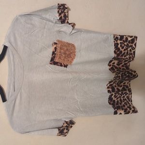Dear lover , Gray Sequins Accent Leopard Splicing Short sleeve